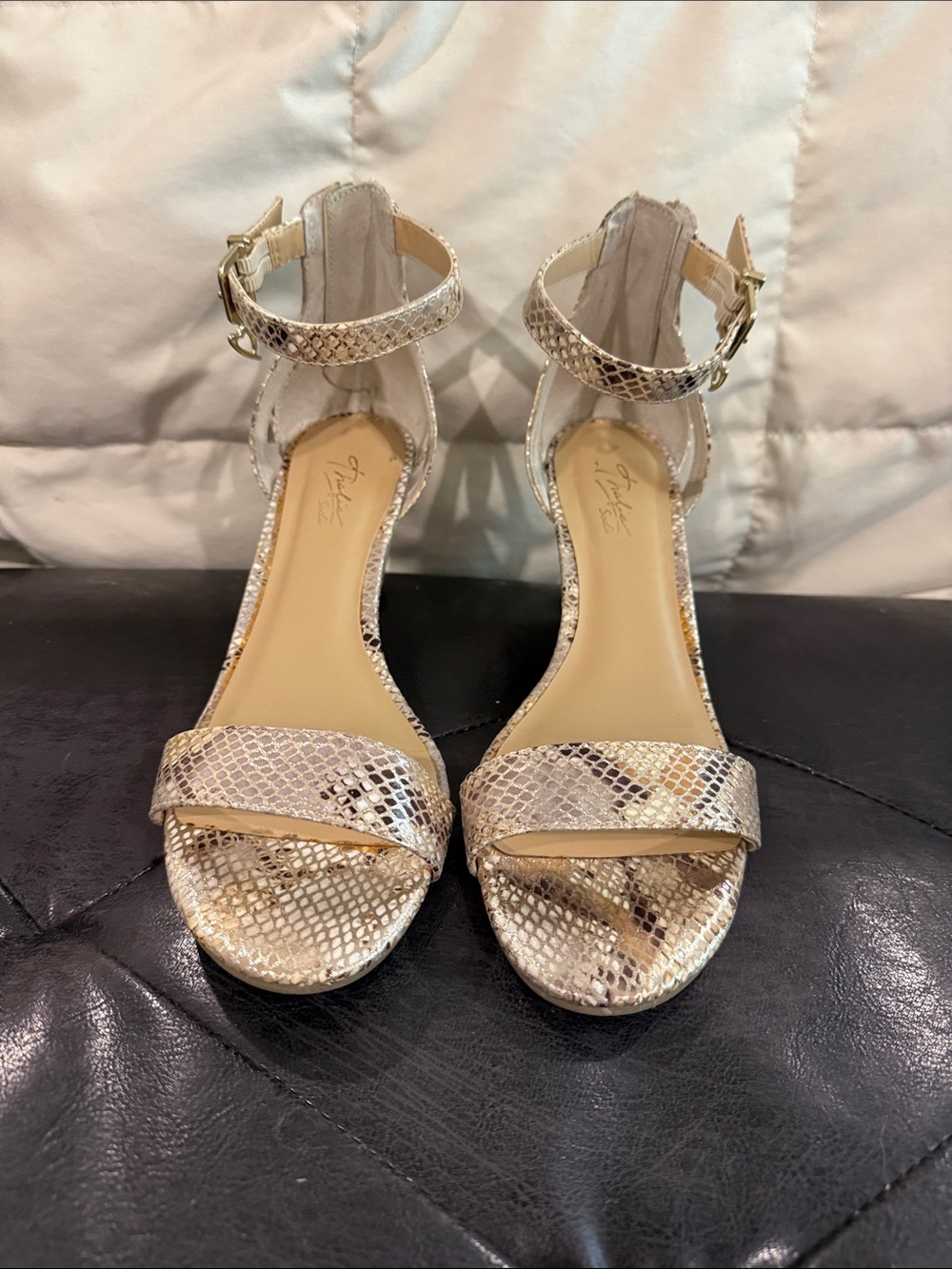 Thalia Sodi Gold Snake-Print Ankle Strap Sandals